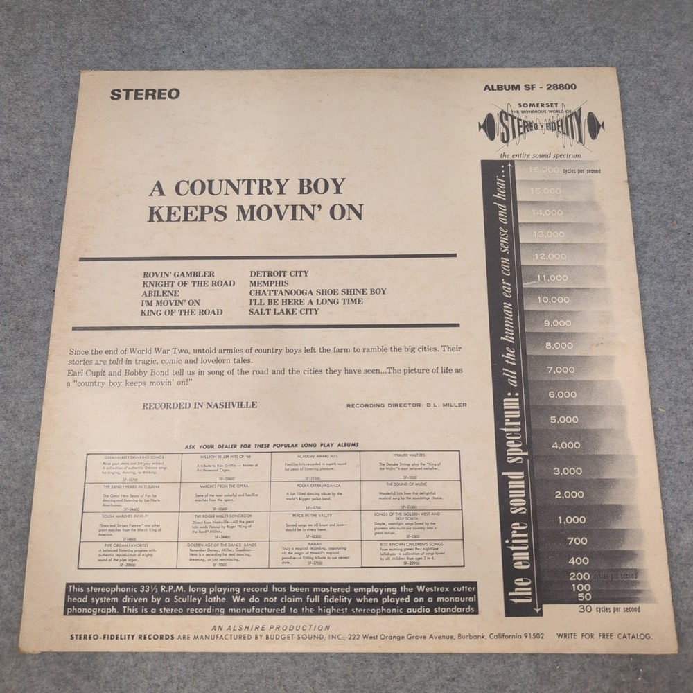 Bobby Bond Earl Cupit A Country Boy Keeps Movin' On Vinyl LP Somerset SF-28800 - Picture 2 of 4